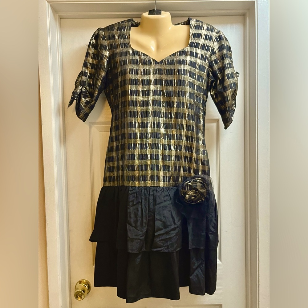 Vintage 80s Gold Black Metallic Plaid Taffetas Dress Cocktail Formal Size Large